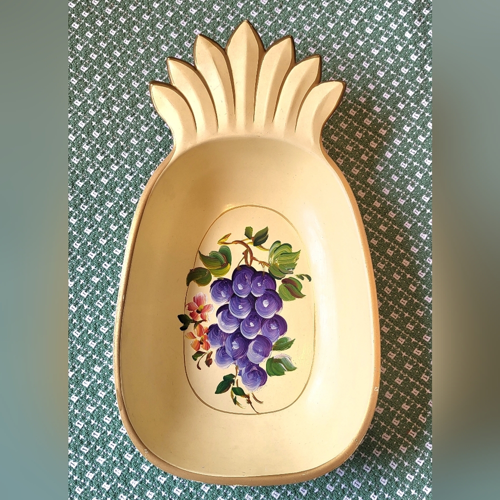Nashco Products MCM Metal Pineapple Serving Bowl Handpainted Yellow Purple Green